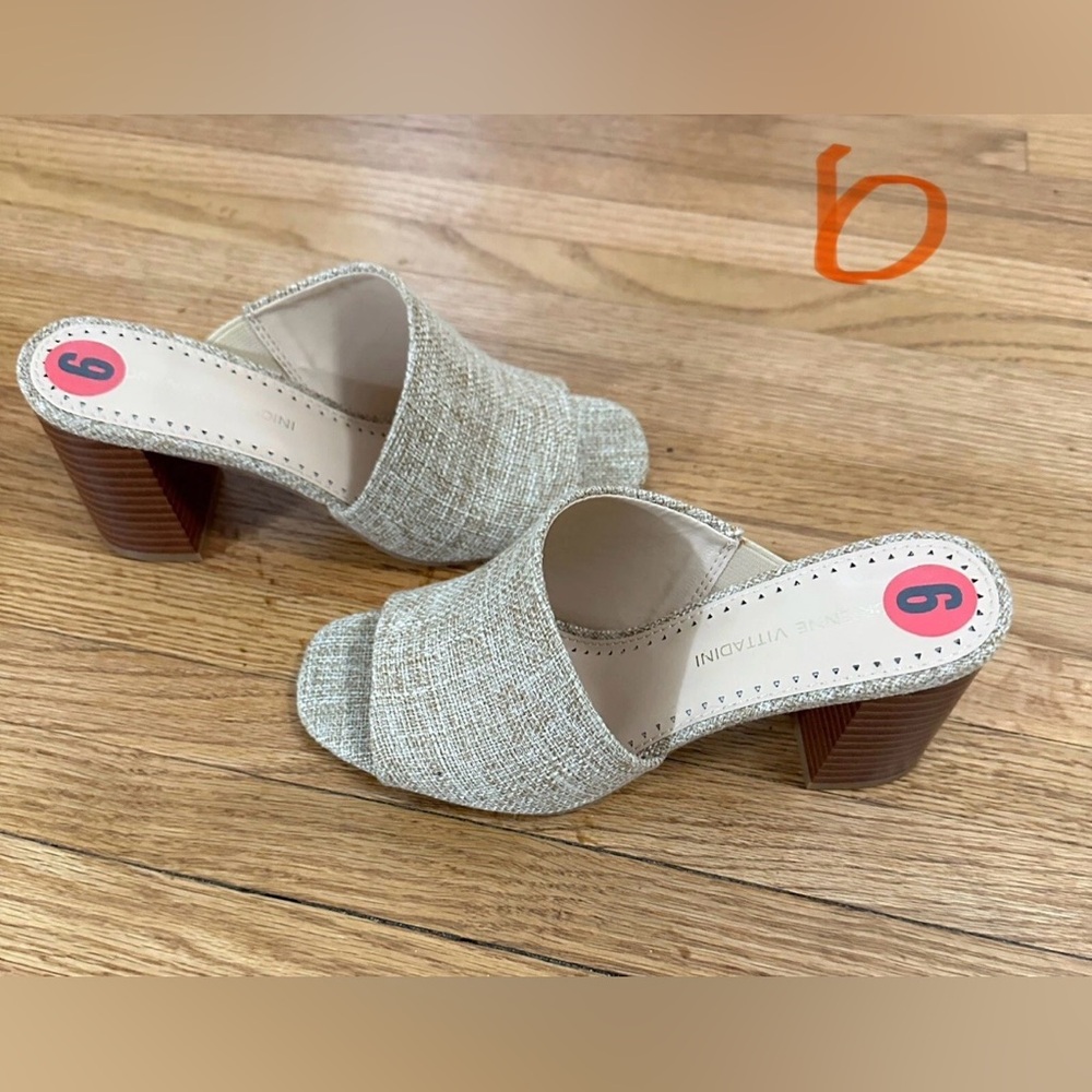 Adrienne Vittadini Neutral Tweed Open-Toe Block Heel Mules